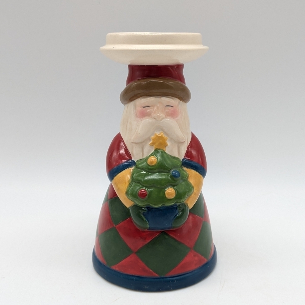 Vintage Jim Shore Red Green Ceramic Christmas Santa Holiday Tealite Holder
